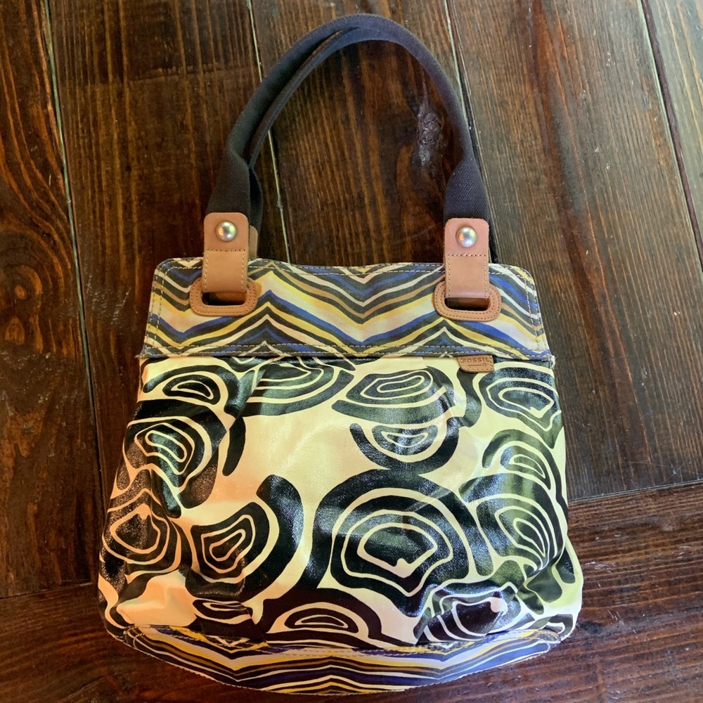 Fossil Key-Per Black Yellow Tote Shoulder Bag - Picture 5 of 10